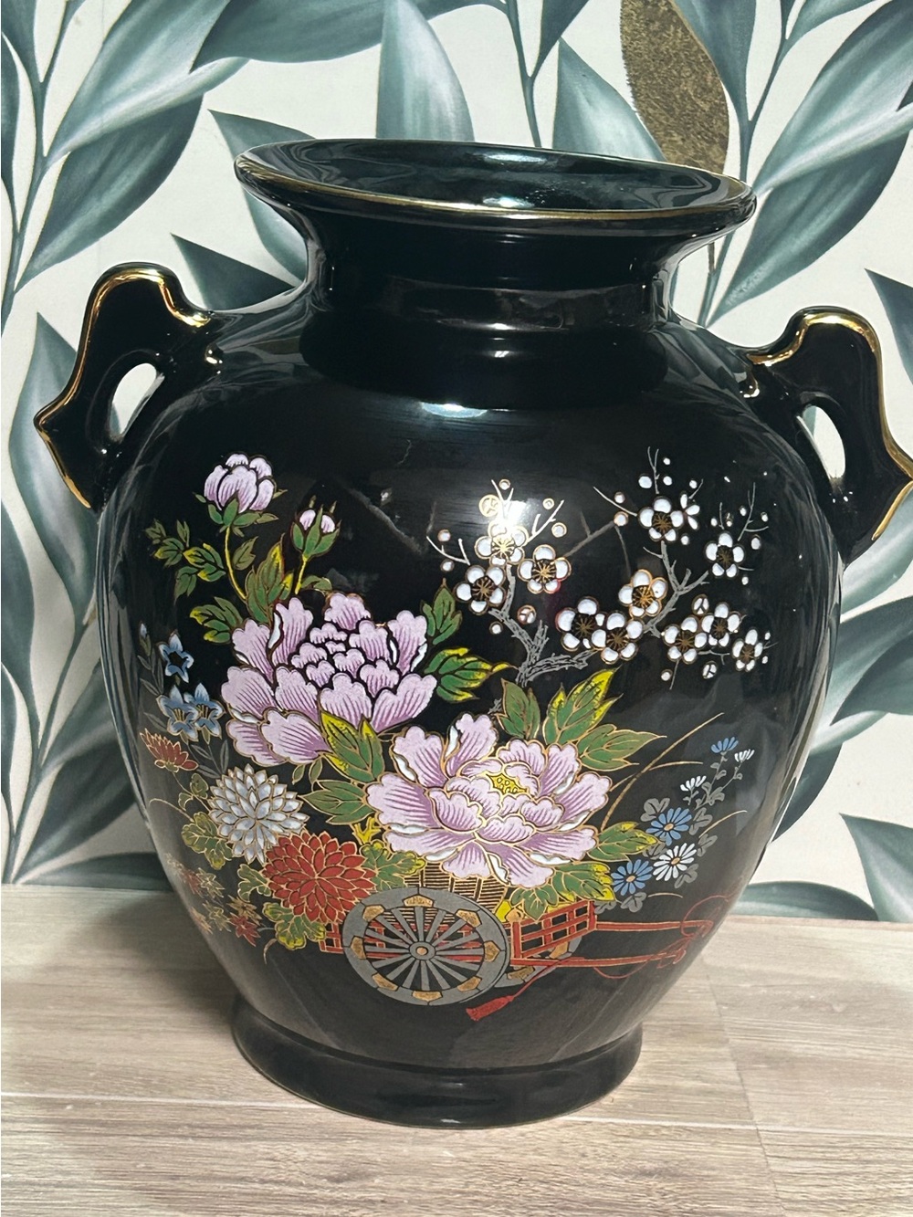 Vintage Japanese Fine China Black Porcelain Floral Urn Vase